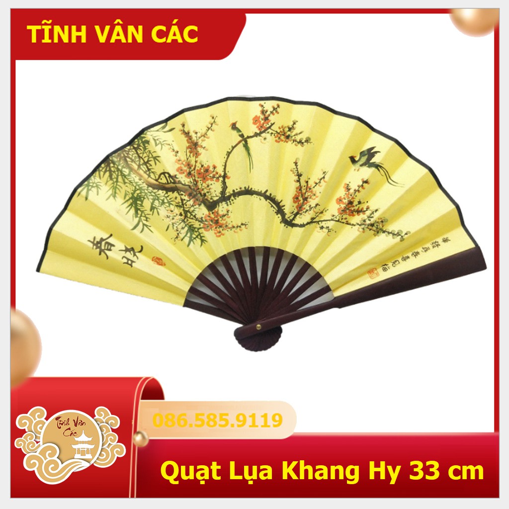 Quạt Khang Hy hoa đào uyên ương TĨNH VÂN CÁC