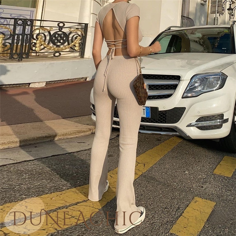 DUNEA Set Đồ 2 Món Gồm Áo Thun Crop Top Buộc Dây Hở Lưng Màu Trơn Và Quần Dài Ôm Dáng Gợi Cảm Cho Bạn Gái