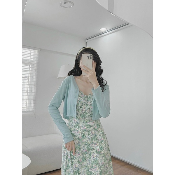 Set đầm hoa 2 dây kèm khoác xanh mint