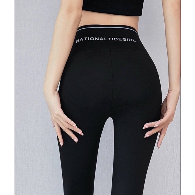 Quần legging nữ viền cạp chéo chữ thể thao ôm bụng nâng mông sport