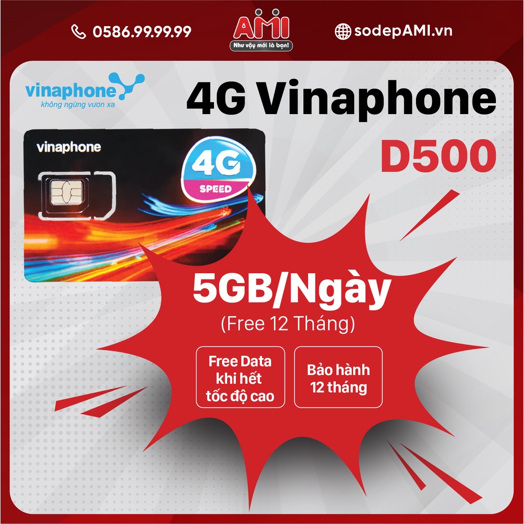 Sim 4G Vinaphone D500 Trọn Gói 1 NĂM - 60GB DATA - Tốc Độ Cao - Xài Thả Ga Không Lo Về Giá