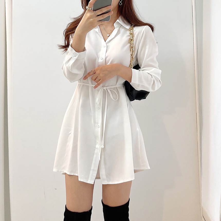 Áo Sơ Mi Dài Tay Thắt Dây / Váy Xếp Ly Màu Trơn Phong Cách Mới 45248