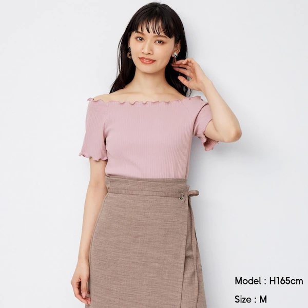 Áo thun tăm cuốn biên rib mellow, bẹt vai - GU Nhật - Mã 333137