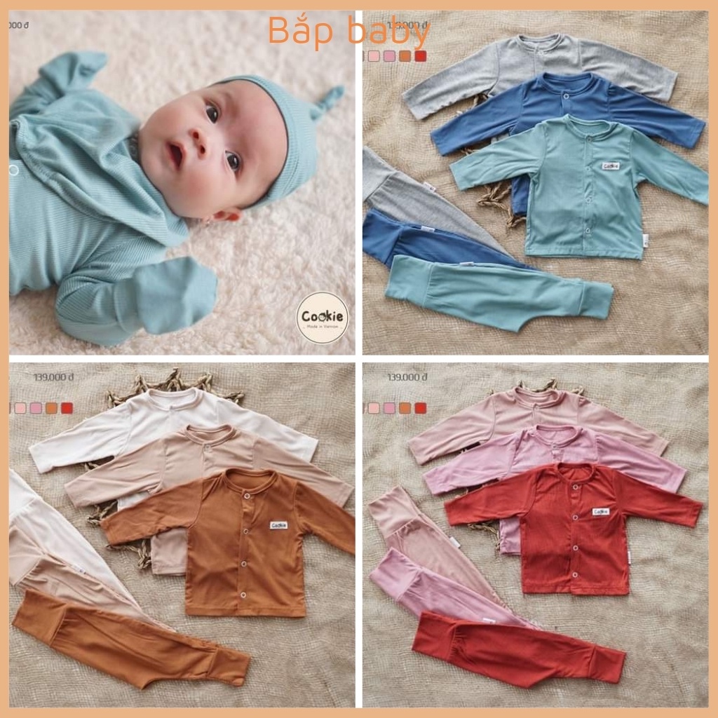 Bộ sơ sinh COOKIE trẻ em quần áo sơ sinh dài tay cho bé cài thẳng cạp cao chất vải Cotton tăm lạnh mỏng mát