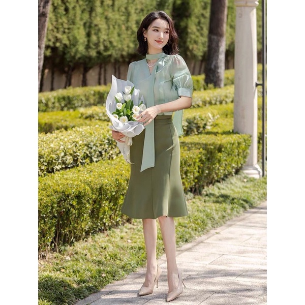 set váy công sở áo sơ mi nơ chân váy đuôi cá siêu đẹp, set đầm nơ hàng thiết kế cực xinh ( ảnh và video thật tại shop)