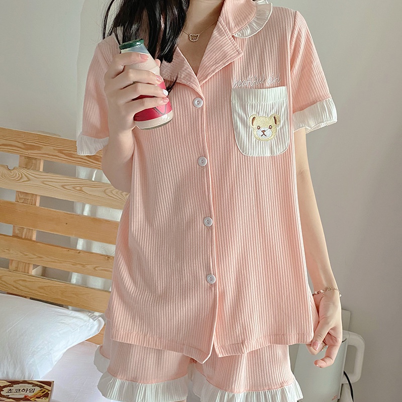 Đồ bộ nữ mặc nhà pijama tay ngắn cotton sợi tre cao cấp viền bèo dễ thương - CTN3