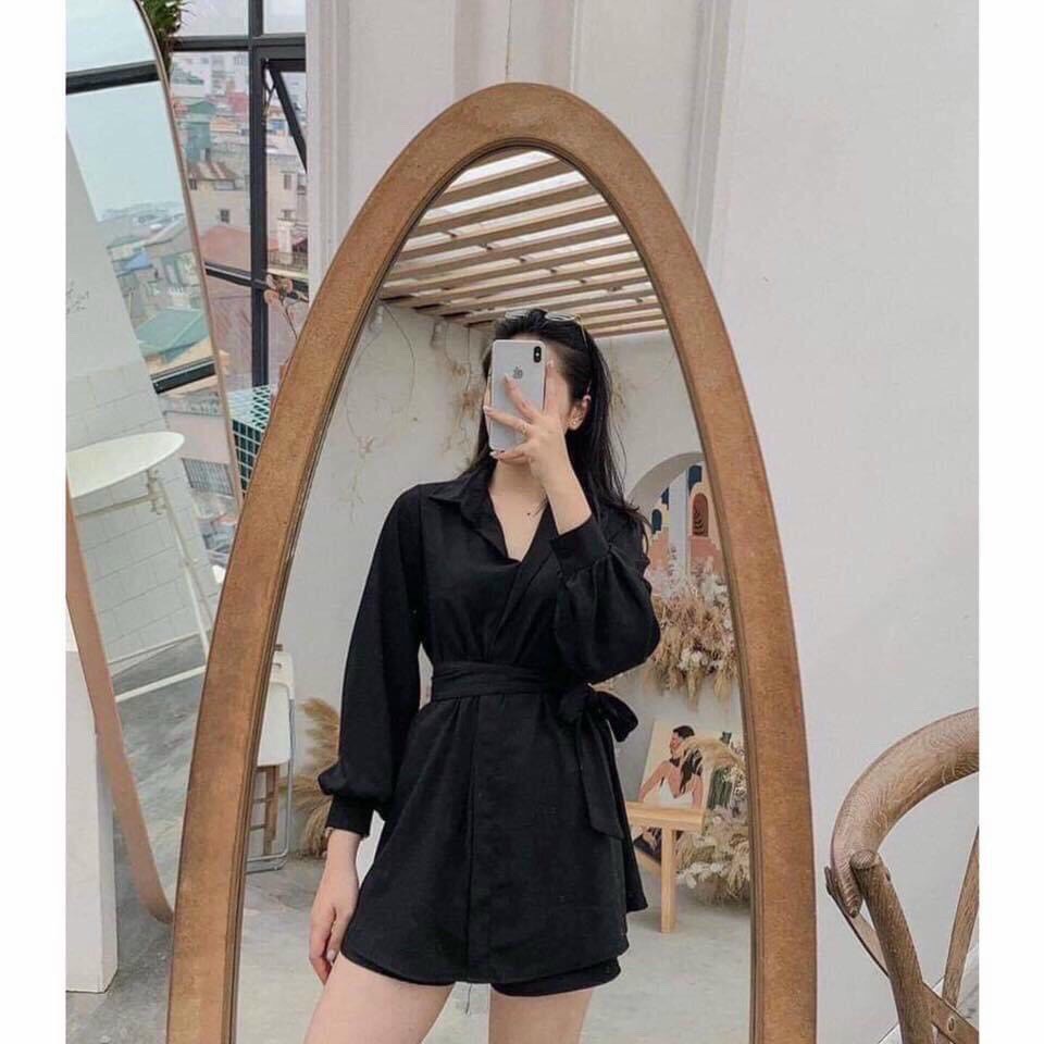 [Mã FAMAYWA2 giảm 10K đơn 50K] Sét bộ đồ nữ áo sơ mi dài tay màu đen có cây cột eo | BigBuy360 - bigbuy360.vn