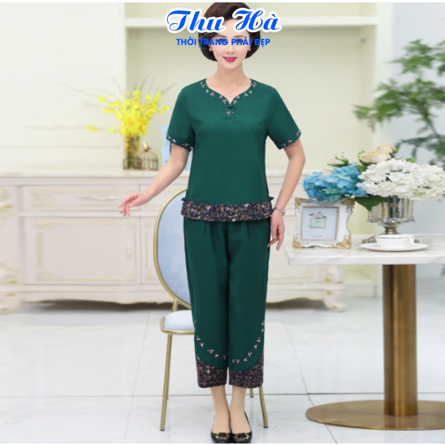 Đồ bộ mặc nhà tay ngắn họa tiết thêu hoa Thu Hà quần áo trung niên cho mẹ form rộng rãi thoải mái ĐBH.18