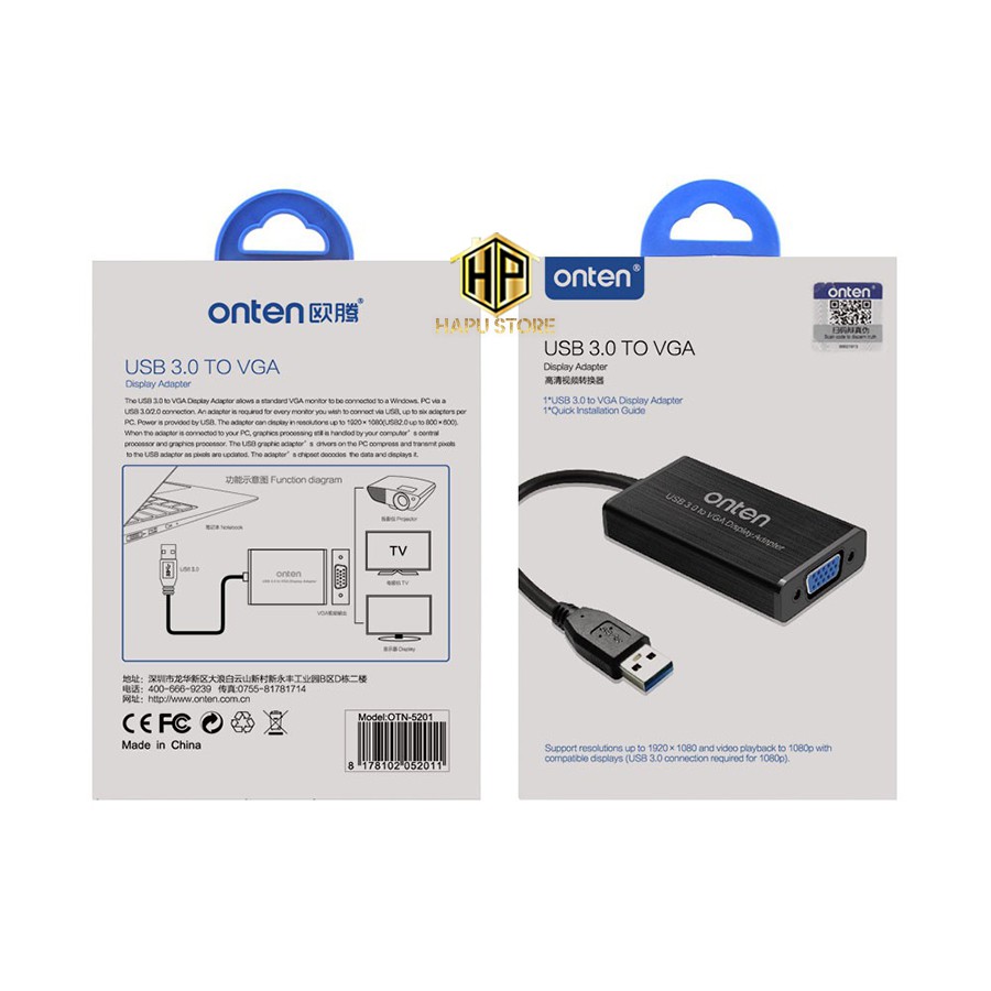 Cáp chuyển USB 3.0 to VGA hỗ trợ Full HD Onten OTN-5201 chính hãng - Hapustore