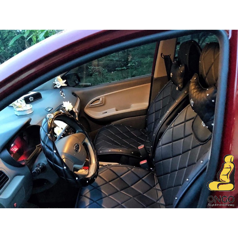 Áo Ghế Ô tô Da Trần Chỉ Trám Logo Thiên Nga/Vương Miện - Tặng Bọc Vô Lăng + Tựa Đầu + Tựa Lưng