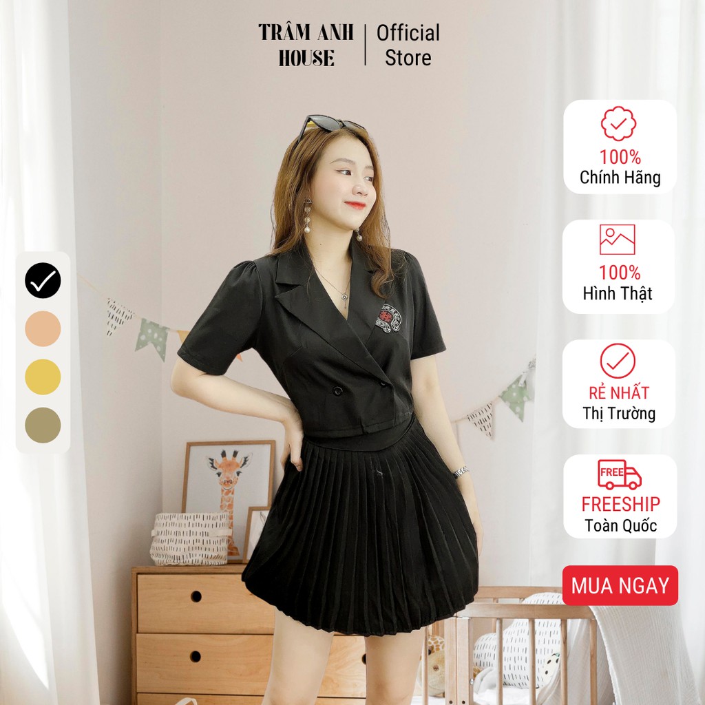 Set váy nữ áo cổ vest phối nút kèm chân váy xếp ly xinh xắn TRÂM ANH HOUSE S77