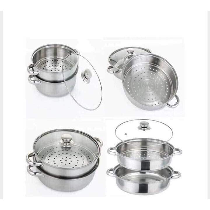 THANH LÝ Nồi hấp 2 tầng inox vung kính giá rẻ phi 28cm-Nồi hấp inox 2 tầng