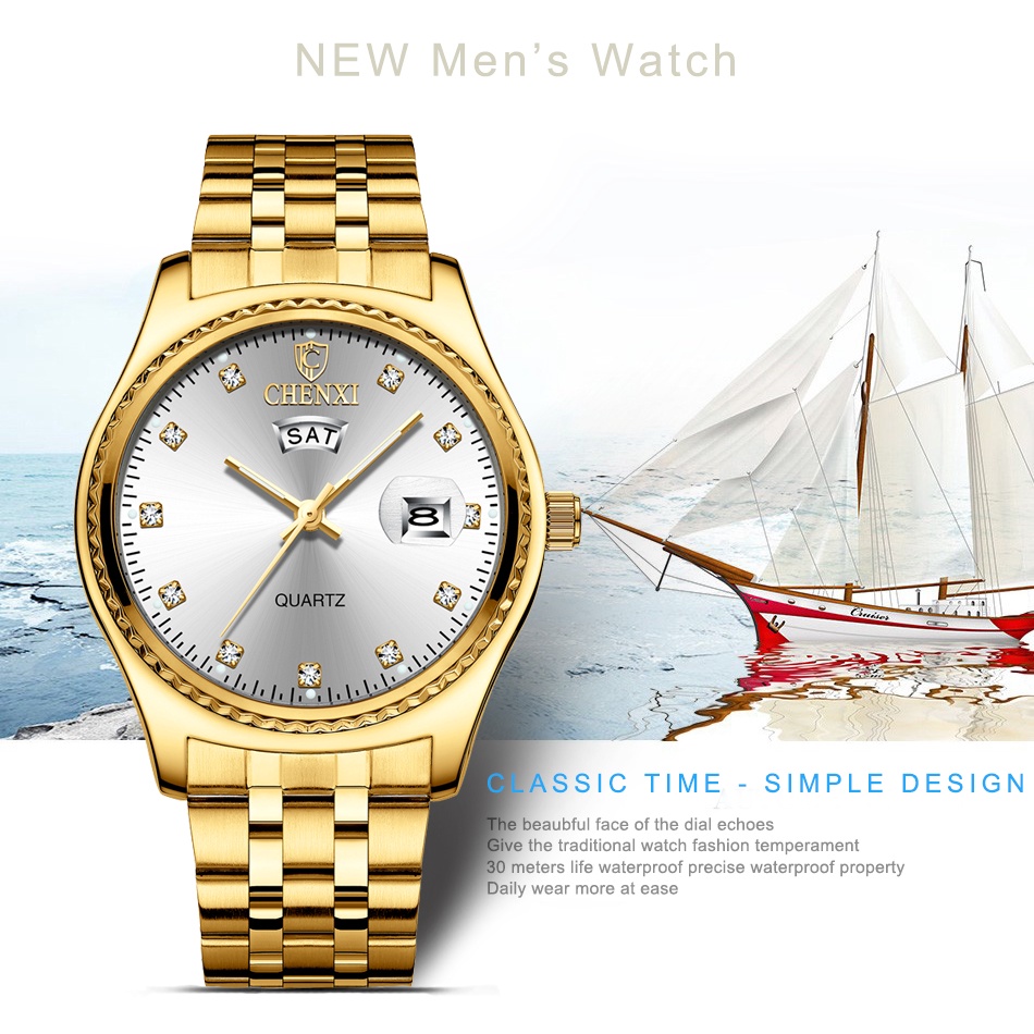 Đồng Hồ Đeo Tay Bằng Thép Không Gỉ Mạ Vàng Sang Trọng CHENXI Dành Cho Nam