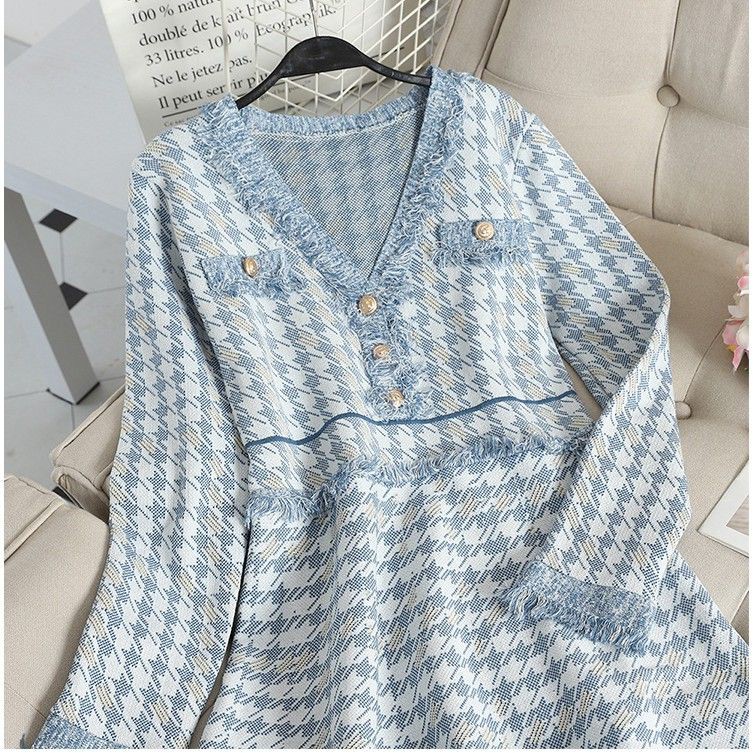 [Hàng order] Váy len chữ A đầm dệt kim họa tiết houndstooth Đ216 - Có ảnh thật