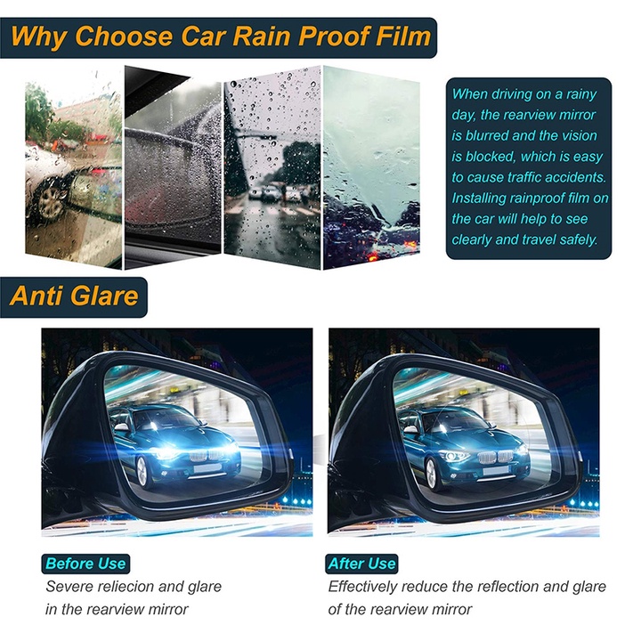 Set 4 miếng dáng chống đọng nước kính hông và gương chiếu hậu ô tô, Anti-Fogging Film Car Screen Protector