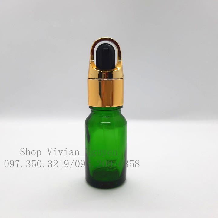 Combo 100 Chai lọ đựng tinh dầu 10ml , tinh chất, thân thuỷ tinh màu xanh lá, nắp bóp khoét mạ nhôm vàng, nhôm bạc