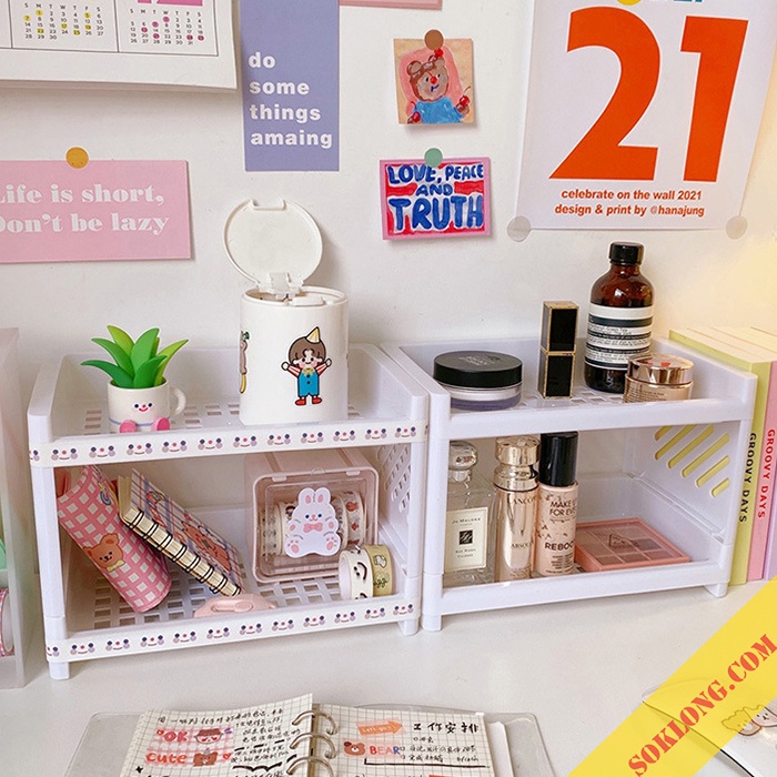 Kệ nhựa caro 2 tầng để bàn K79 Kệ mini 2 tầng đựng đồ tiện dụng, decor, trang trí phong cách hàn quốc