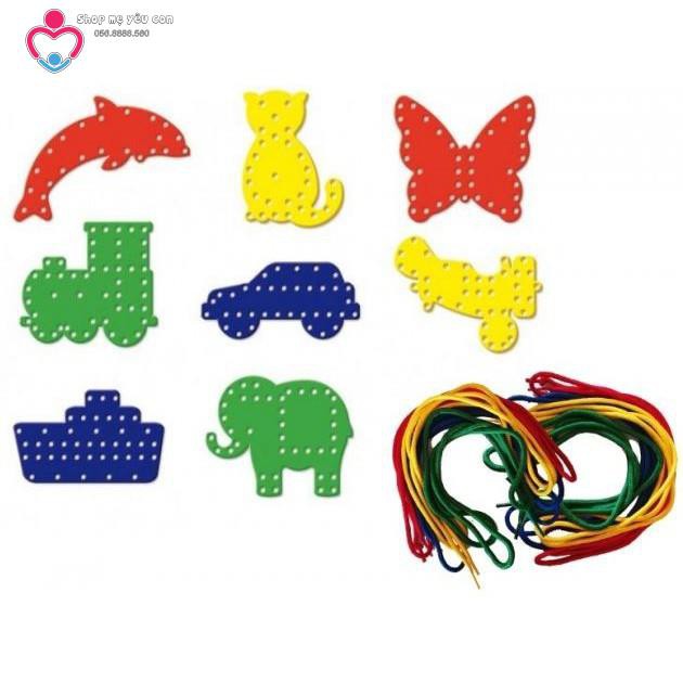 Bé tập xâu dây, xỏ dây đan tết qua hình đục sẵn lỗ to đẹp - Đồ chơi vận động tinh