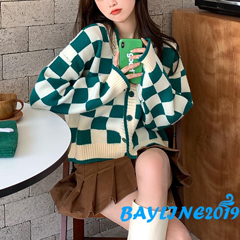 Áo khoác cardigan dệt kim cổ chữ v tay dài dáng rộng in họa tiết kẻ ô màu xanh lá/đen
