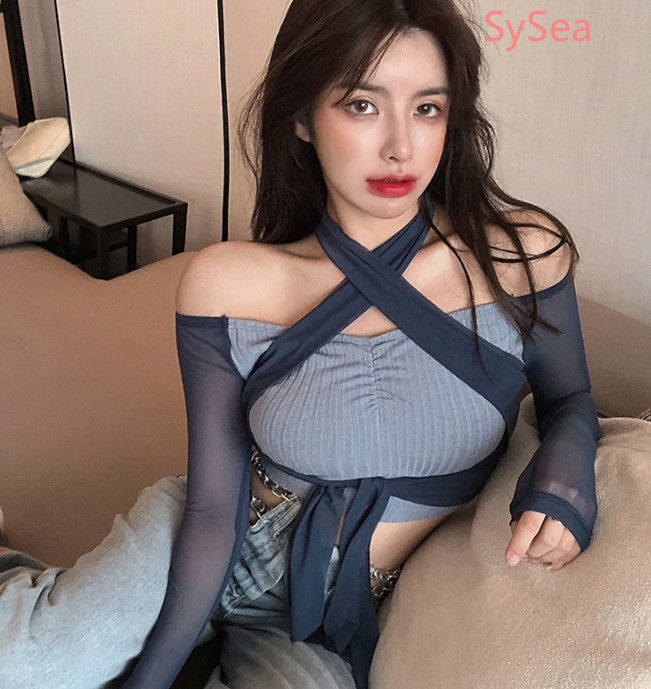 Áo Kiểu Tay Dài Phối Lưới Thiết Kế Trễ Vai Quyến Rũ