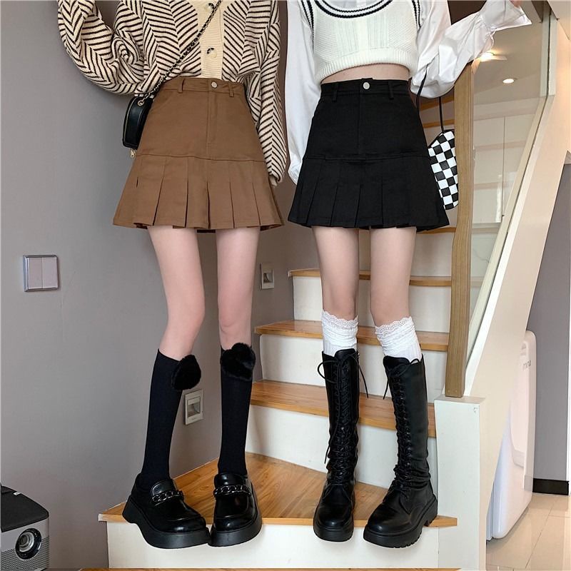 Chân váy COZOKC dáng chữ A lưng cao xếp ly xinh xắn thời trang Hàn Quốc