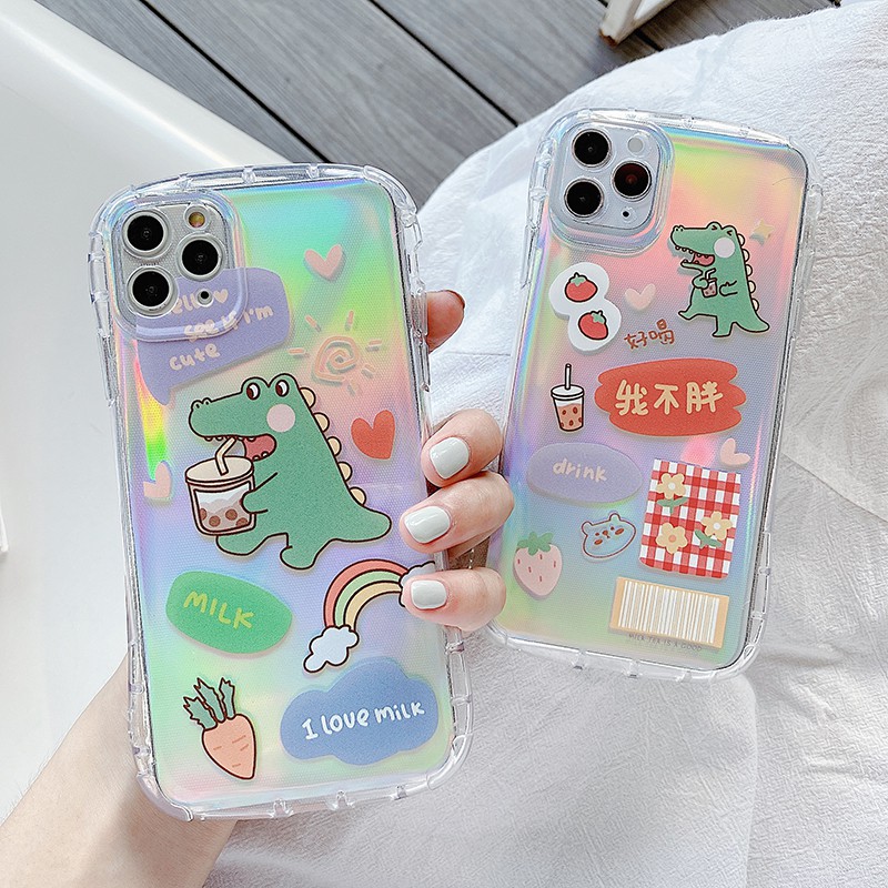 Ốp Lưng Viền Cong Silicon Trong Suốt Chống Sock, Va Đập Dino Cute ( Kèm Miếng Phản Quang ) - X015
