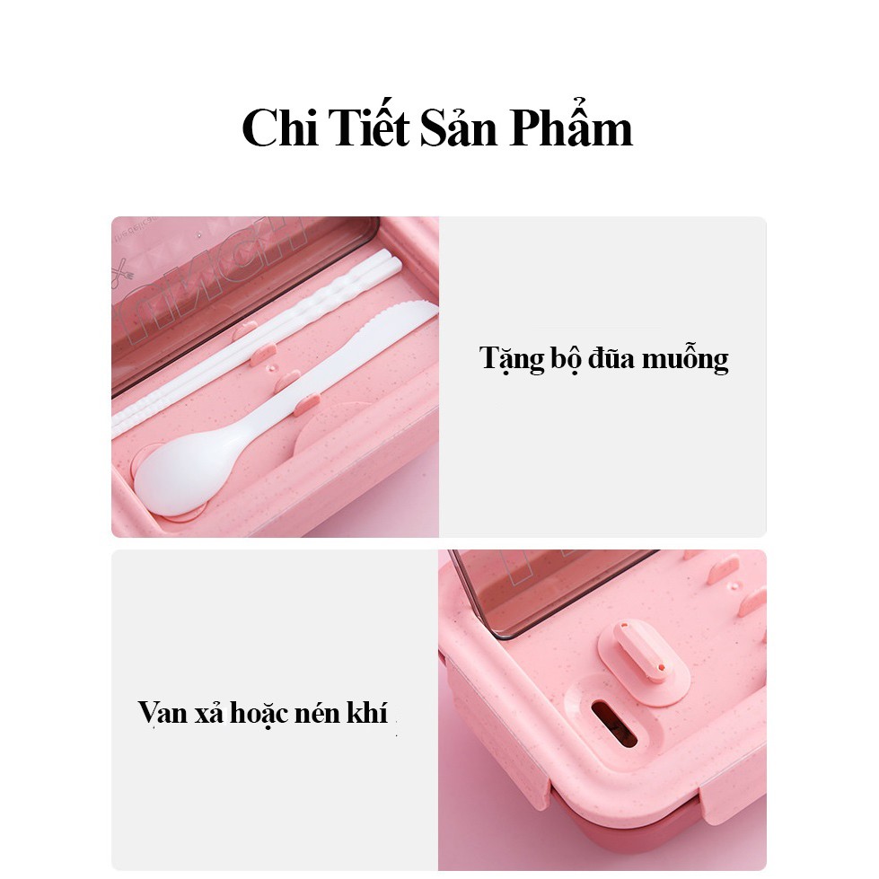 Hộp Đựng Cơm Đựng Thức Ăn Văn Phòng 2 Ngăn LUNCH BOX 1100ml Chất Liệu Rơm Lúa Mạch - Tặng Kèm Bộ Đũa Muỗng