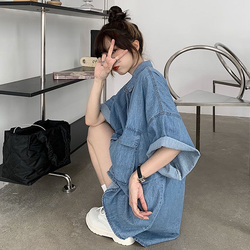 Áo Sơ Mi Denim Ngắn Tay Form Rộng Phong Cách Cổ Điển Dành Cho Nữ