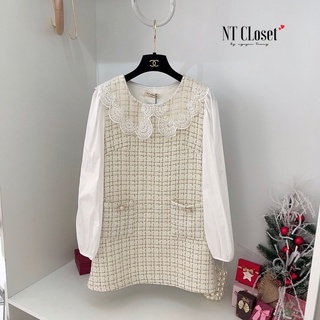 Váy dạ thiết kế Mina cổ ren tiểu thư