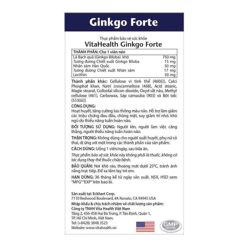 VitaHealth Ginkgo Forte Hỗ Trợ Cải Thiện Chức Năng Thần Kinh và Trí Não(Cam Kết Hàng Chính Hãng Giấy Tờ Đầy Đủ)