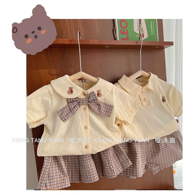Bộ Áo Sơ Mi Tay Ngắn + Chân Váy Ngắn Phong Cách Hàn Quốc Dễ Thương Thời Trang Mùa Hè Cho Bé Gái