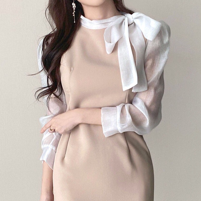 Đầm nữ thắt nơ eo thon dài tay phong cách Hàn Quốc sang trọng