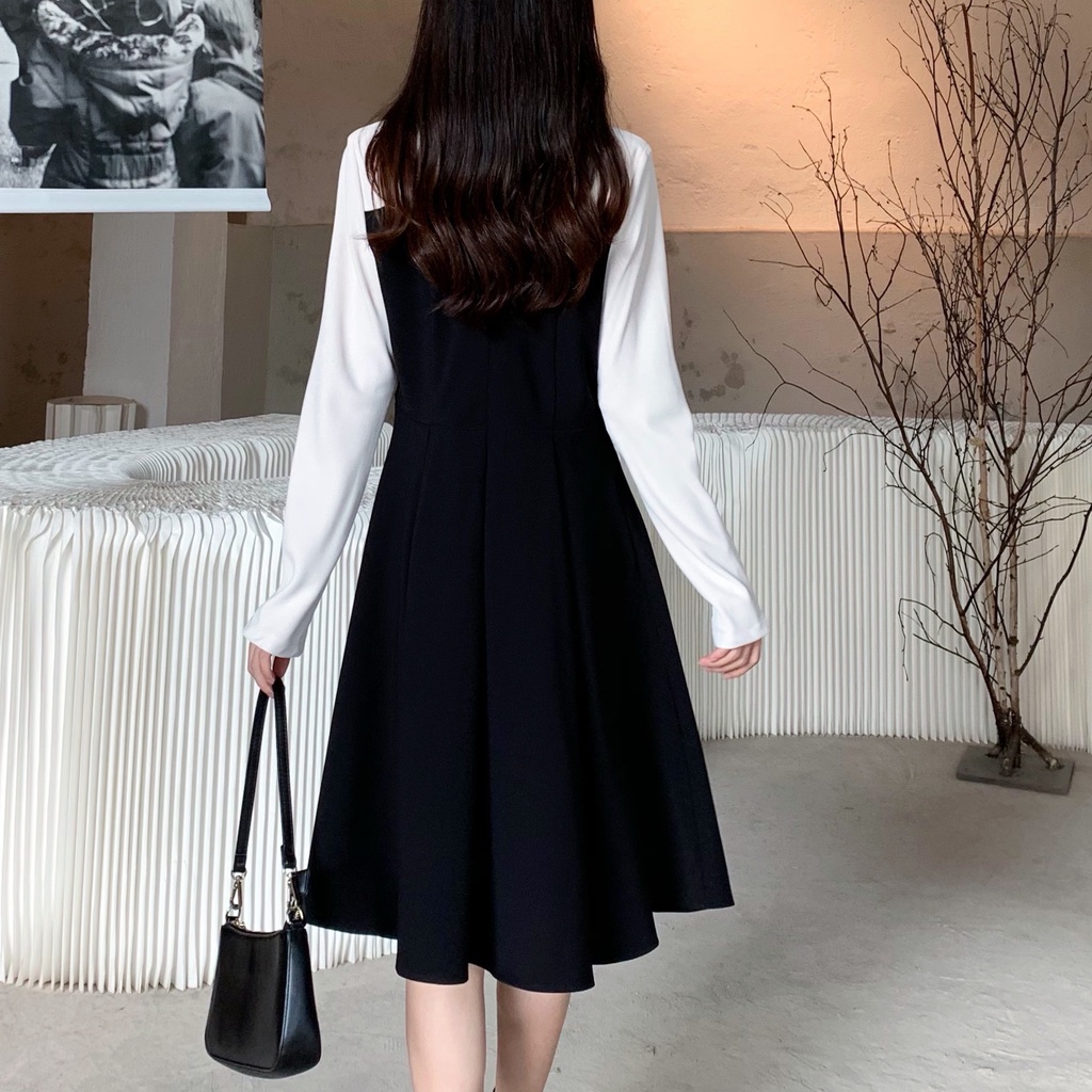 Đầm Nữ Tay Dài Cổ Chữ V Màu Sắc Tương Phản Phong Cách Pháp Thời Trang Thu Đông