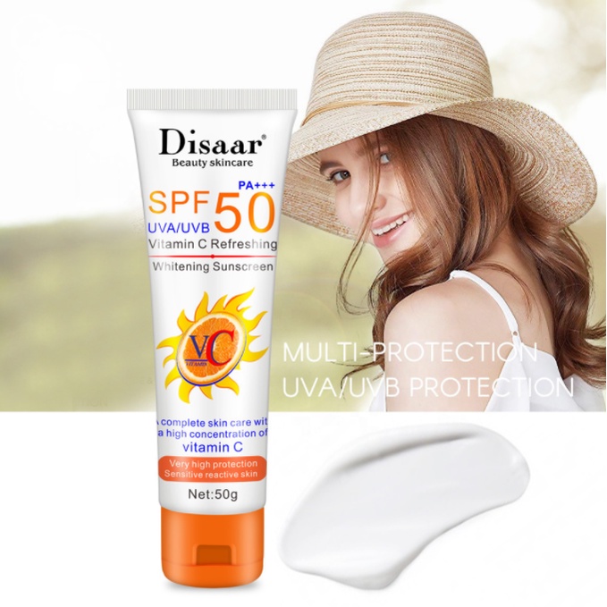 Kem chống nắng trắng da Disaar Vitamin C 50g bảo vệ da với SPF 50+ PA++++ giúp da sáng rạng rỡ