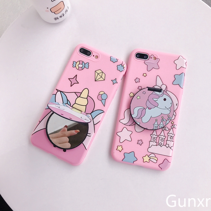 Cute Pink Unicorn Makeup Mirror Case Ốp lưng Iphone 6 6s 6plus 7 8plus XS XR XSmax 11 pro Max SE Soft Silicone Case