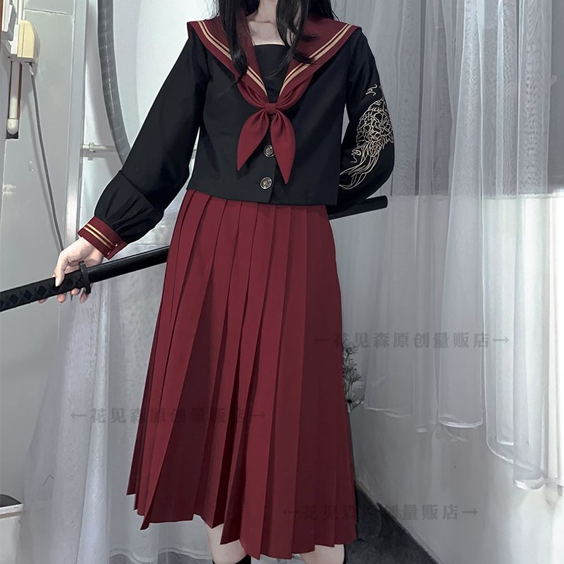 Set Váy Sailor Dài JK Seifuku Đồng Phục Học Sinh Xếp Ly
