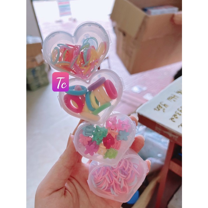 Sét 4 hộp dây buộc tóc nhiều màu hình trái tim