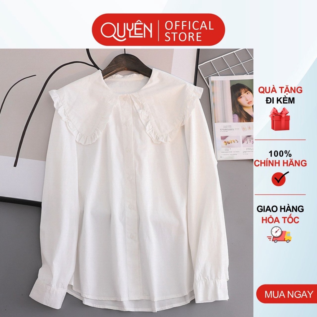 Áo sơ mi cổ sen to kẹp bèo công sở Quyên Fashion AA550 màu trắng kiểu dáng tiểu thư