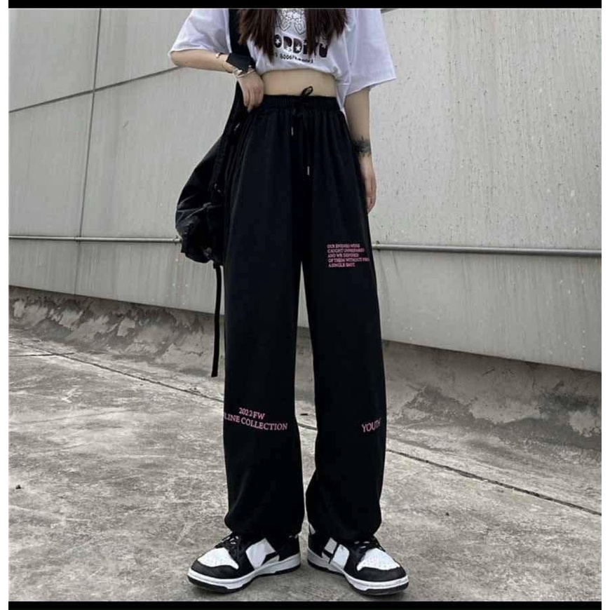 Quần jogger ống rộng dây rút nam nữ in chữ chất nỉ mềm mịn, thoáng mát, form chuẩn
