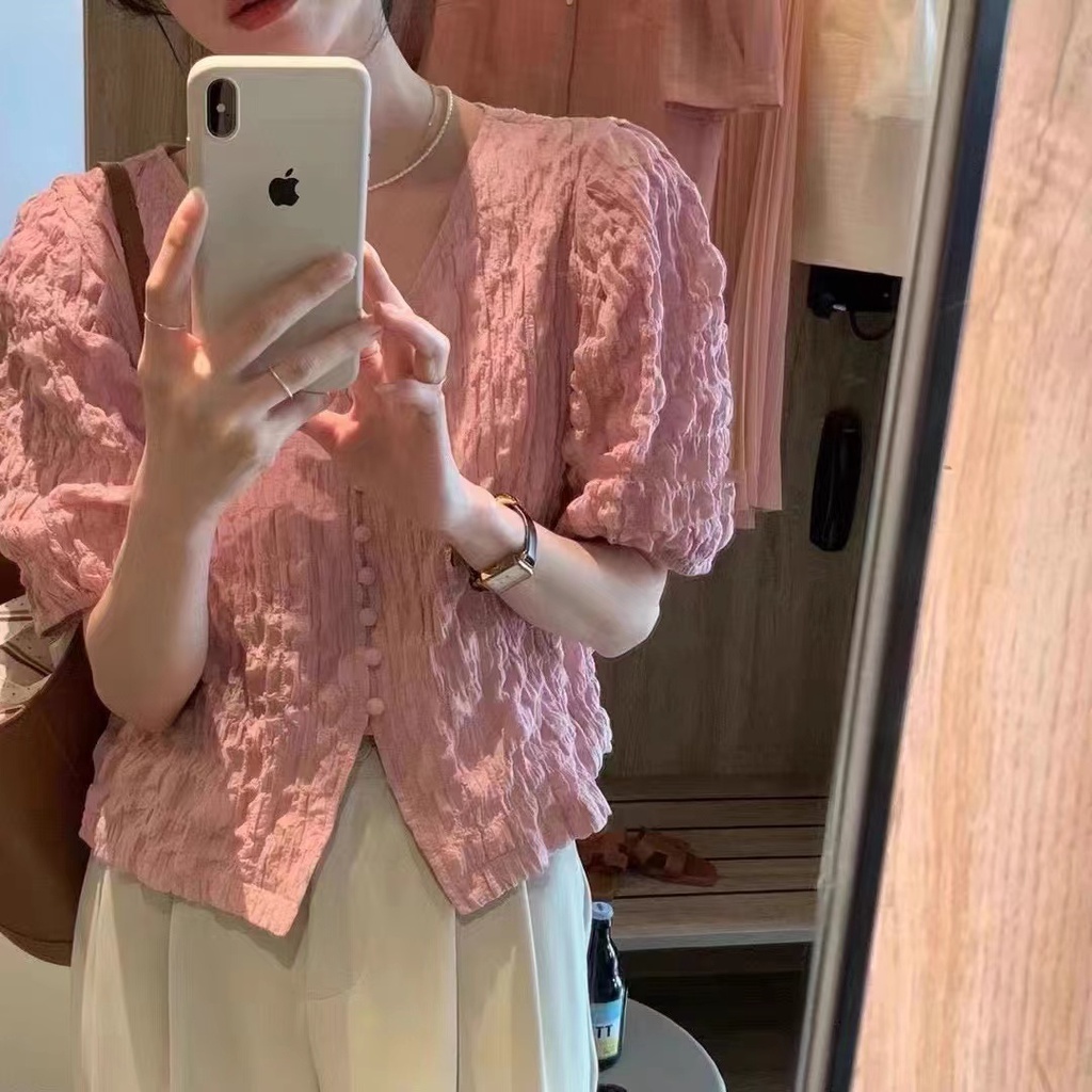 Áo Kiểu Tay Phồng Xếp Ly Phối Nút Thời Trang Hàn Quốc 2022 Cho Nữ