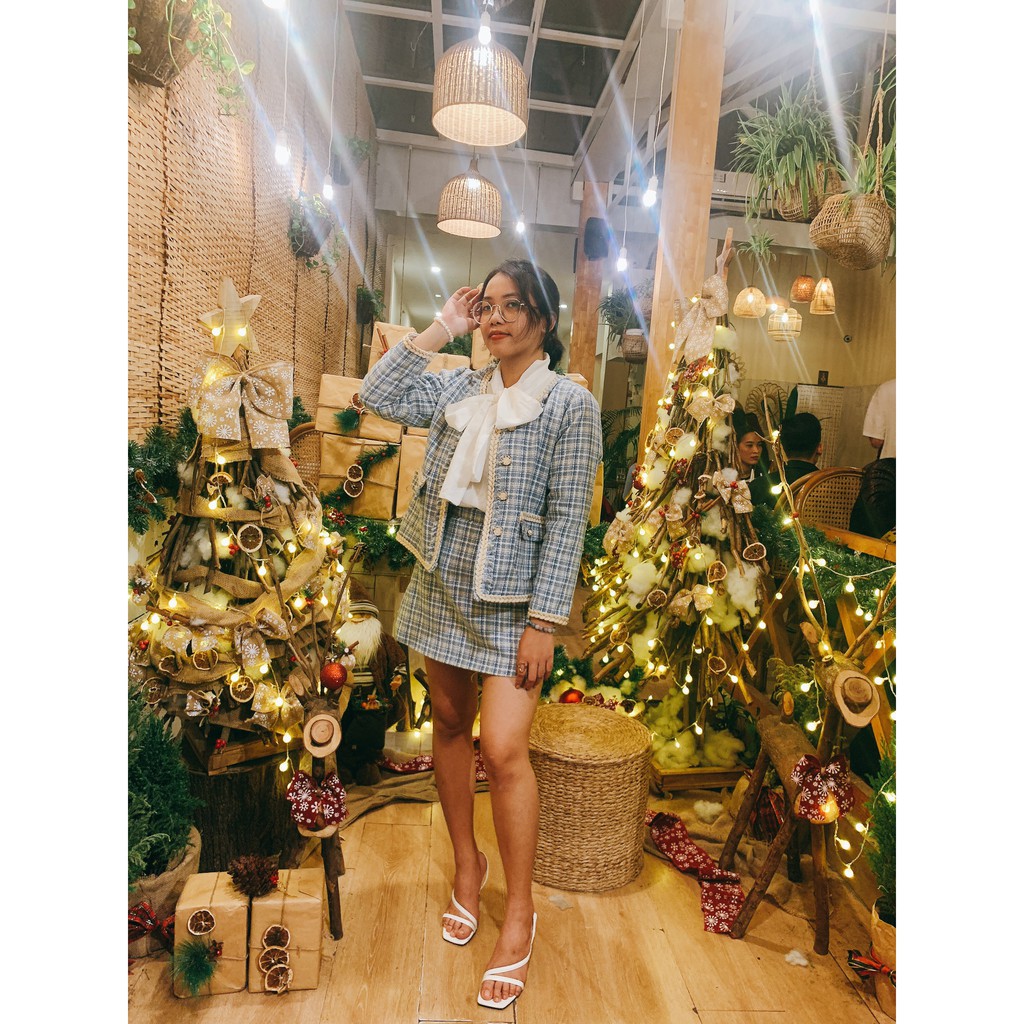 Set dạ tweed xanh hai lớp