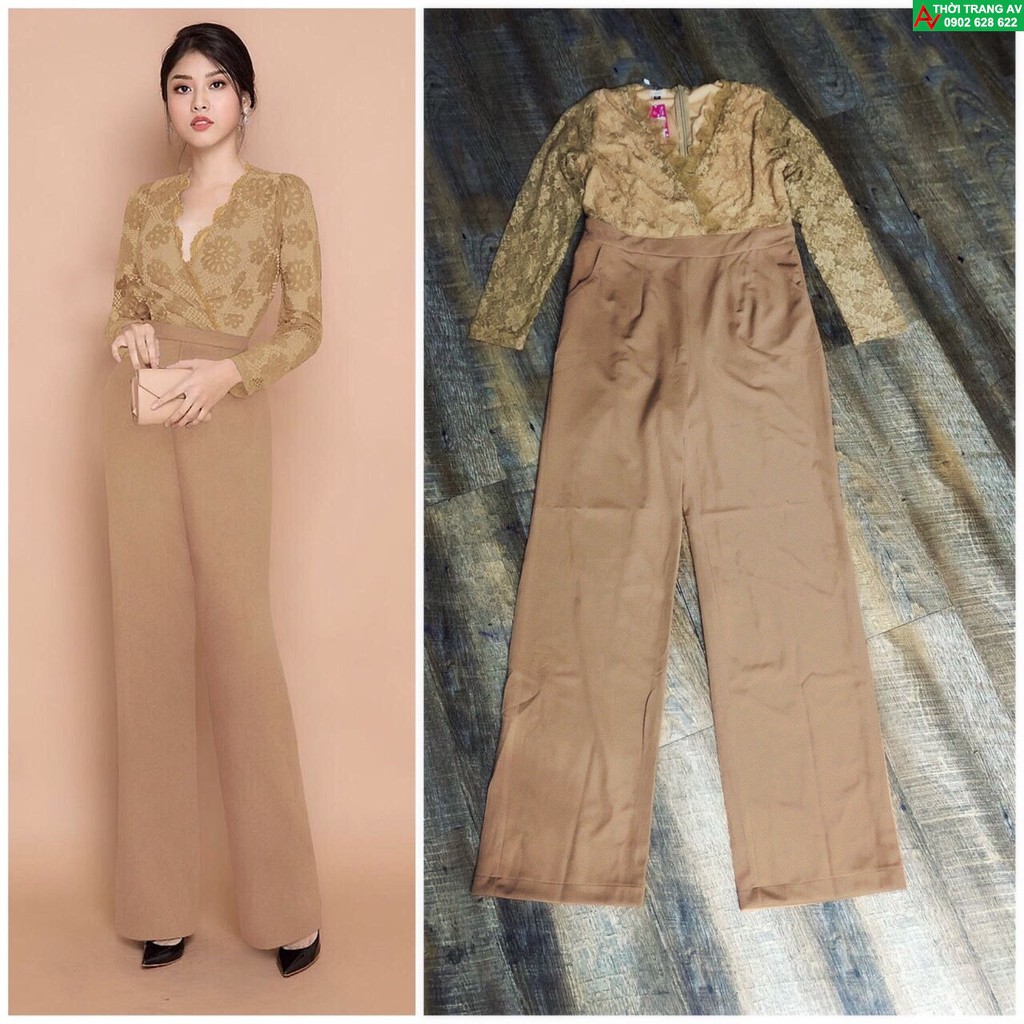 Jumpsuit - Đồ bay dài ống suông cổ V phối ren sang trọng - AV6026