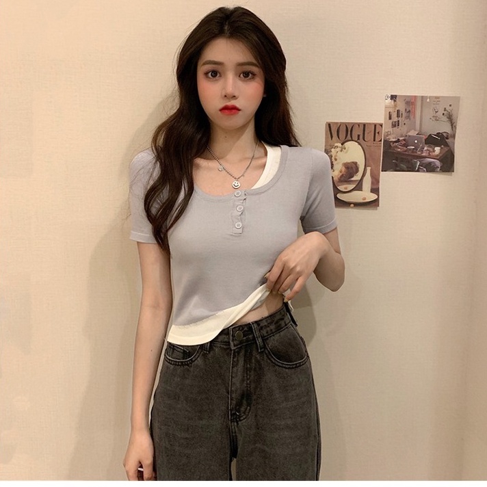 【ZHELIHANGFEI】 Áo Thun Dệt Kim Mỏng Tay Ngắn Dáng Ôm Giả Hai Lớp Thời Trang Mùa Hè Bán Chạy Cho Nữ