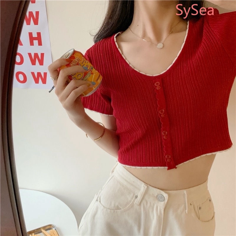 Áo Croptop Dệt Kim Tay Ngắn Thiết Kế Cổ Chữ V Quyến Rũ Cho Nữ