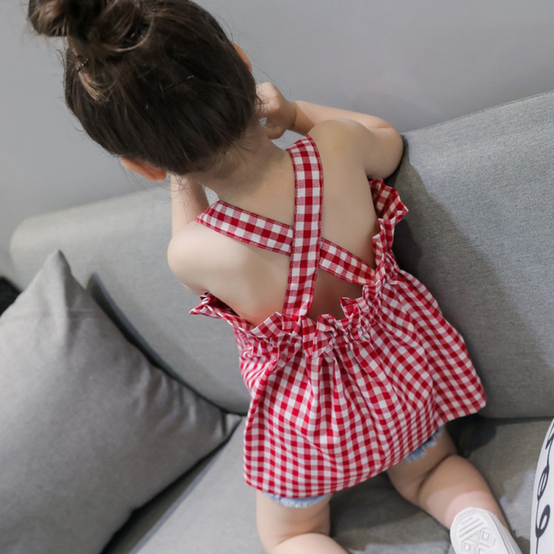 Áo sọc ca rô thiết kế 2 dây bo ngực dễ thương cho bé gái