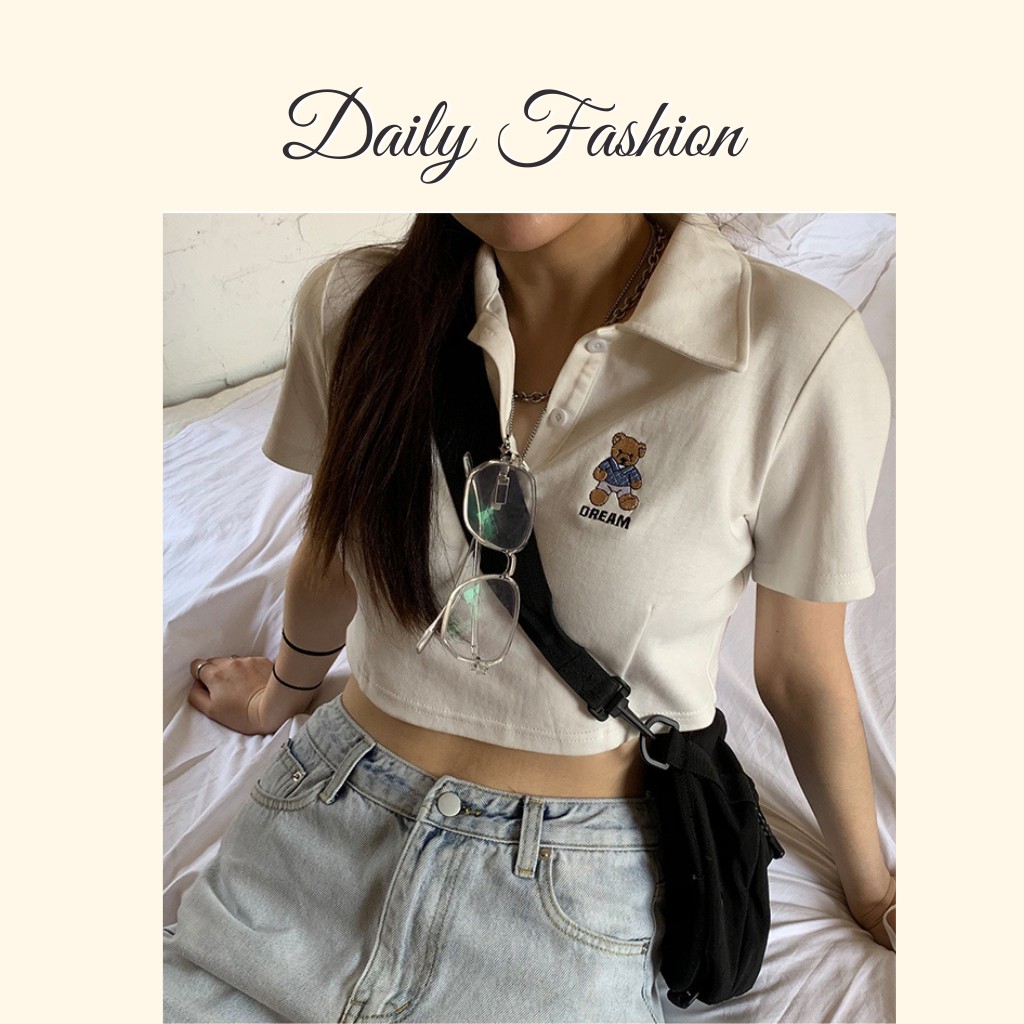 Áo polo thêu gấu - Áo thun nữ croptop thêu gấu ngắn tay màu trắng hottrend | BigBuy360 - bigbuy360.vn