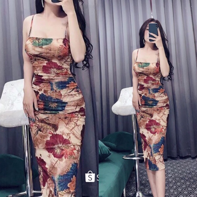 BB229 Đầm hai dây bún body có mút ngực hoạ tiết hoa quá xinh