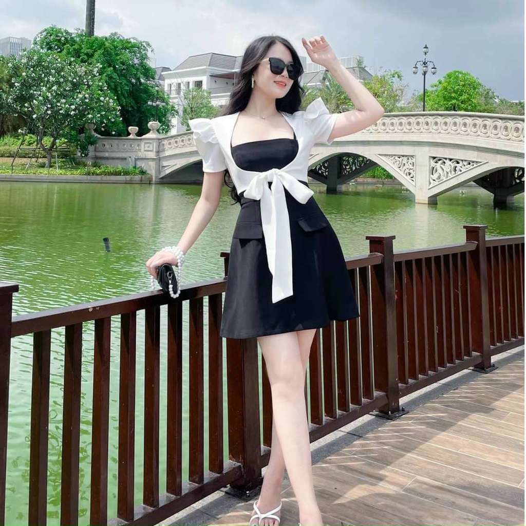 Sét Đầm xòe hai dây kèm áo khoác cột nơ