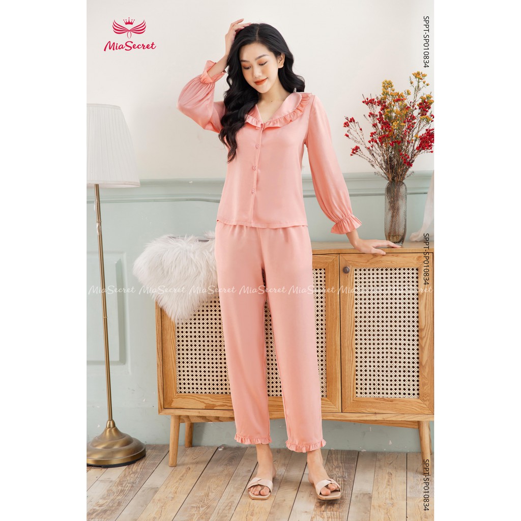 Bộ Pyjama Cổ V Bèo Hồng
