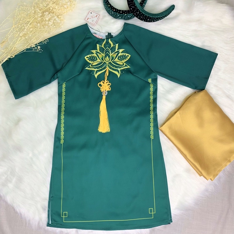 Set áo dài gia đình xanh phúc lộc áo dài gia đình cách tân nam nữ bé trai bé gái size nhỡ và bigsize mẫu áo dài tết 2022